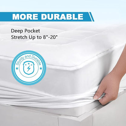 Full Mattress Pad Cover Pillow Top with Stretches to 18” Deep Pocket Fits Up to 8”-21” Cooling White Bed Topper (Down Alternative, Full Size)