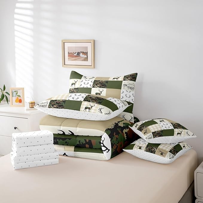 Feelyou Wild Deer 7 Piece Bedding Set King Size Geometric Pattern Comforter Set with Sheets for Kids Boys Girls Teens Green and Beige Bed in a Bag Camouflage Bed Set