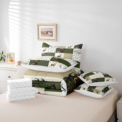 Feelyou Wild Deer 7 Piece Bedding Set Queen Size Geometric Pattern Comforter Set with Sheets for Kids Boys Girls Teens Green and Beige Bed in a Bag Camouflage Bed Set