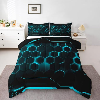 Geometric Honeycomb Hexagon Bedding Set Twin Size Neon Black Blue Comforter Set for Kids Boys Teens Room Decor Video Games Quilted Duvet Modern Fashion Duvet Insert 2pcs with 1 Pillowcase