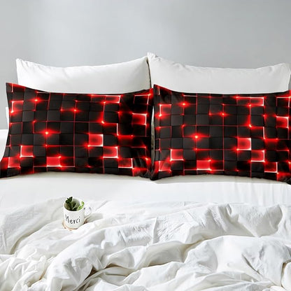 Castle Fairy Abstract Bedding Set Twin Size,3D Modern Cool Geometric Grid Square Comforter Cover Set for Kids Girls,Shiny Red Neon Light Black Bedding Quilt Cover Set Bedroom Decor, 2 Pcs