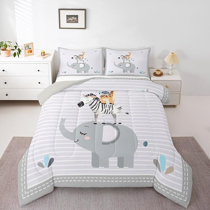Cute Animals Kids Comforter Set Cartoon Elephant Zebra Giraffe Bedding Set King Size for Boys Girls Teens Bedroom Decor Grey White Geometric Stripes Quilt Set All Season Bedspread 3pcs