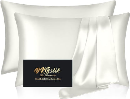 Silk Pillowcase 2 Pack, Natural Mulberry Silk Pillow Case, Anti Acne Silk Pillowcase for Hair and Skin, King Size Silk Satin Pillowcase Set of 2 with Hidden Zipper, Gifts for Women Men, Ivory