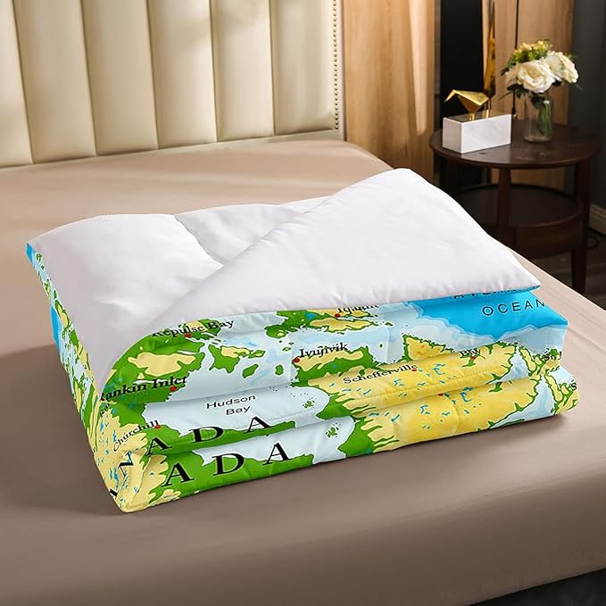 Feelyou World Map Soft Comforter Set Kids Topographic Map of The World Continents Countries Oceans Mountains Bedding Set Blue Green Quilt Set Decor Room Decor 3Pcs Full Size