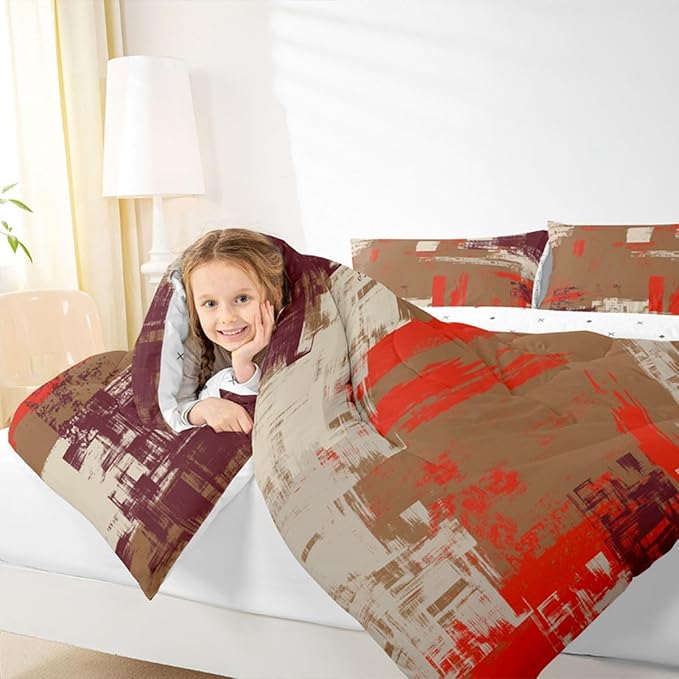 Feelyou Abstract Bedding Set Kids Modern Abstract Art Comforter Set Brown Orange Comforter for Boys Room Decor Lightweight Retro Duvet Set Twin Size with 1 Pillow Case