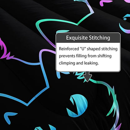Axolotl Kids Cartoon Cat Bedding Comforter Set,Gradient Line Cute Cat Bedding Set for Teens,Colorful Neon Cats Comforter for Boys Girls Adults,1 Animal Quilt 2 Pillow Cases,King Size Black