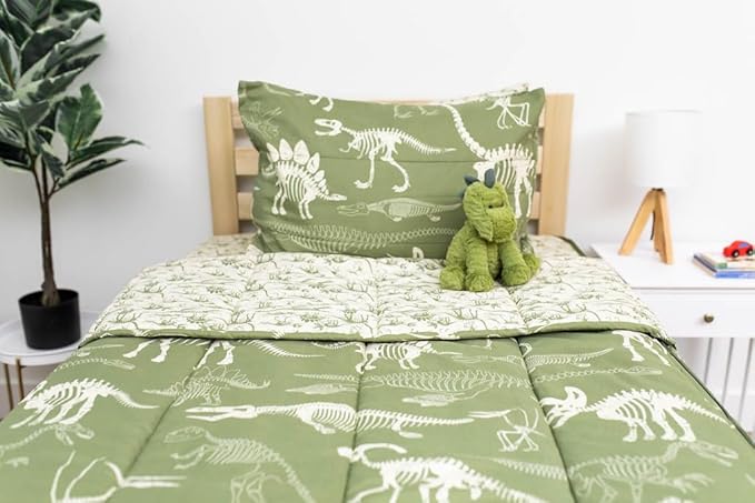 Beddy's Dinosaurs T-rex Theme Boys Durable Zipper Bedding for Kids, Bed in a Bag, Green Sheets and Comforter with Dino Fossils, Includes Pillowcase and Pillow Sham, Easy to Make and Wash