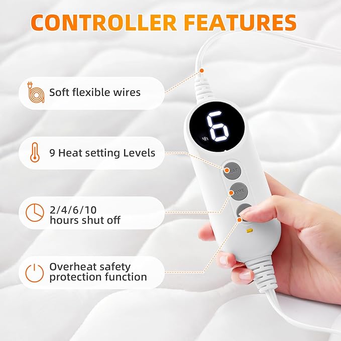 Heated Mattress Pad Queen Size, Quilted Fitted Electric Mattress Pad with 9 Heat Setting Controller, 2/4/6/10 Hours Auto Off, Soft Mattress Cover Stretches up to 21 Inches Deep, White