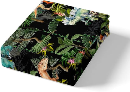 Watercolor Dinosaur Bedding Set Twin Size,Cartoon Dino Animal Oil Painting Style Comforter Cover Set for Kids Girls,Green Leaves Tropical Natural Plants Bedding Quilt Cover Set Bedroom Decor, 2 Pcs