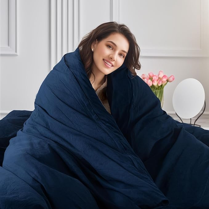 NEXHOME PRO King Duvet Cover Set, 100% Certified Organic Cotton with Washed Feel & Linen-Like Texture, Comfortable & Breathable, Home Bedding Set Navy (No Comforter)