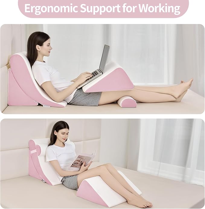 4PCS Orthopedic Bed Wedge Pillow Set for Post Surgery & Pain Relief, Adjustable Wedge Pillow for Back, Acid Reflux,Sitting up in Bed,Recovery, Snoring, Body Pillow for Sleeping (White/Pink)