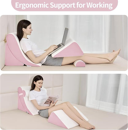 4PCS Orthopedic Bed Wedge Pillow Set for Post Surgery & Pain Relief, Adjustable Wedge Pillow for Back, Acid Reflux,Sitting up in Bed,Recovery, Snoring, Body Pillow for Sleeping (White/Pink)