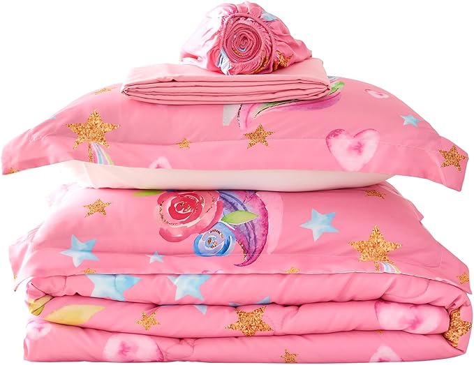 Wajade Pink Unicorn Comforter Set for Girls 7 Piece Cute Cartoon Bedding Set for Kids Full Size as Birthday Gift with Comforter, Sheet Set, Pillowcase and Sham
