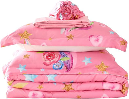 Wajade Pink Unicorn Comforter Set for Girls 7 Piece Cute Cartoon Bedding Set for Kids Twin Size as Birthday Gift with Comforter, Sheet Set, Pillowcase and Sham