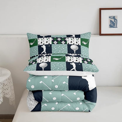 Golf Comforter Set Twin Size Geometric Patchwork Plaid Quilt Set Modern Ball Sports Gaming Bedding Set 2pcs for Men Adults Teens Room Decor Green White Duvet Insert with 1 Pillowcase