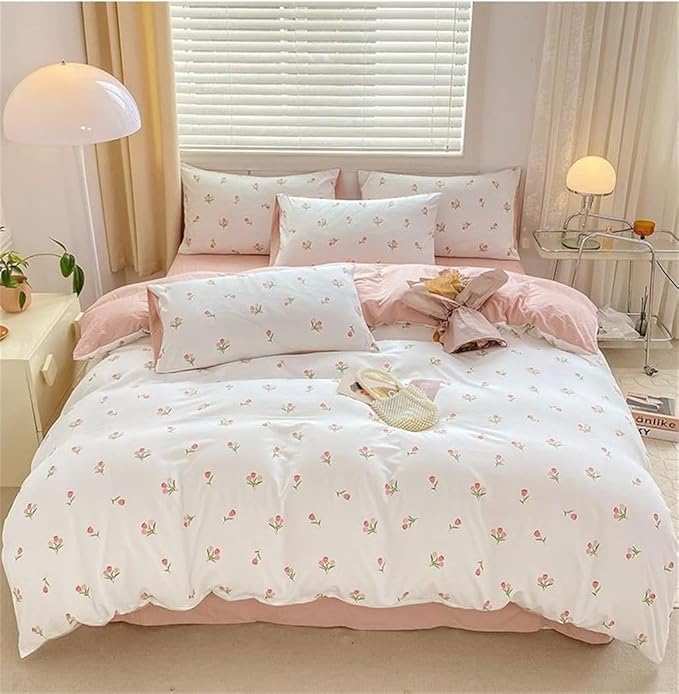 Floral Duvet Cover Twin Size Pink White Botanical Floral Bedding Set 3 Pieces Soft Breathable Garden Aesthetic Flower Comforter Cover with 2 Pillow Cases