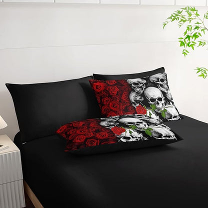 Black Skull Comforter Set 7 Piece Queen Size Bed in A Bag,Goth Bedding for Room Decor,Soft Western Comforter Boho Hippie Bedding with Fitted Sheet,Flat Sheet, Pillowcases & Shams