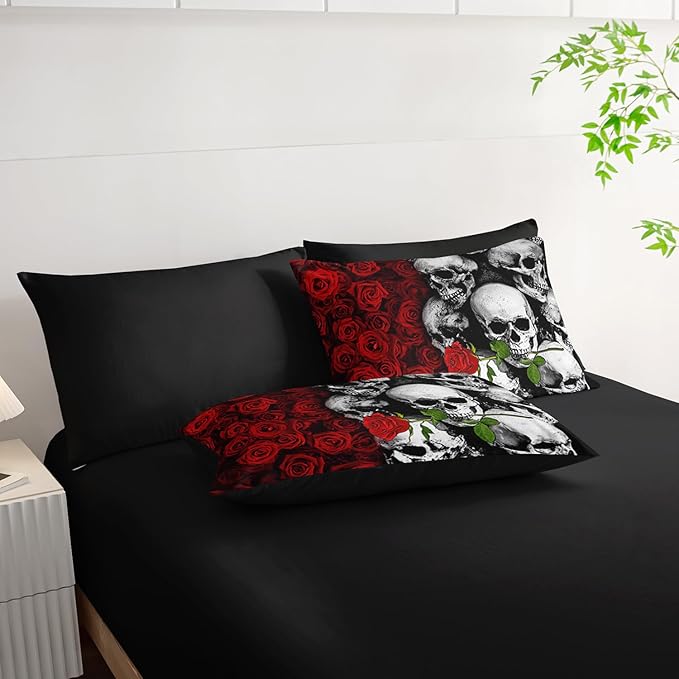 Black Skull Comforter Set 7 Piece Twin Size Bed in A Bag,Goth Bedding for Room Decor,Soft Western Comforter Boho Hippie Bedding with Fitted Sheet,Flat Sheet, Pillowcases & Shams