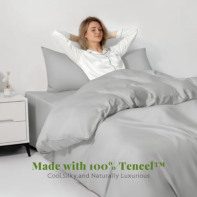 Tencel Duvet Cover Set, Twin/TwinXL Size Cooling Duvet Cover for Hot Sleepers, 100% Eucalyptus Lyocell, 2 Pieces, 1 Zipper Closure Duvet Cover (70" x 90") and 1 Pillowcases (20" x 30") - Light Grey