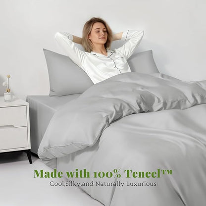 Tencel Duvet Cover Set, Twin/TwinXL Size Cooling Duvet Cover for Hot Sleepers, 100% Eucalyptus Lyocell, 2 Pieces, 1 Zipper Closure Duvet Cover (70" x 90") and 1 Pillowcases (20" x 30") - Light Grey