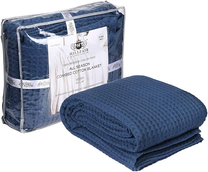 HILLFAIR 100% Combed Cotton Blanket– King Size Bed Blankets– Warm Soft All Season Breathable Lightweight Summer Blankets– Waffle Weave Home Decor Bed Blanket- Navy King Bed Cotton Blankets/Bedcovers