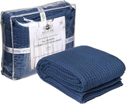 HILLFAIR 100% Combed Cotton Blanket– King Size Bed Blankets– Warm Soft All Season Breathable Lightweight Summer Blankets– Waffle Weave Home Decor Bed Blanket- Navy King Bed Cotton Blankets/Bedcovers