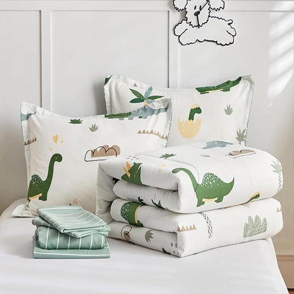 Joyreap Bed in a Bag Cotton, Dinosaur Theme Fresh Green, Queen Size 7-Piece Cotton Bedding Comforter Set for Kids Boys n Girls- 1 Comforter, 2 Pillow Shams, 1 Flat Sheet, 1 Fitted Sheet, 2 Pillowcases