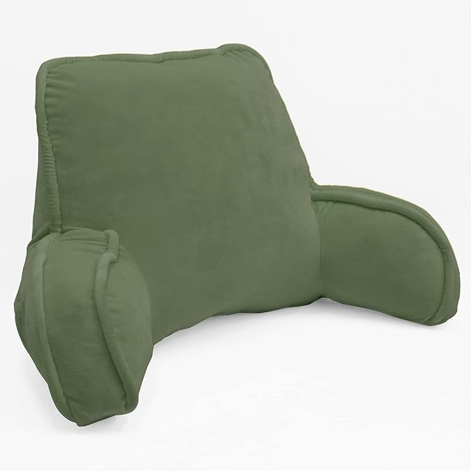 Super Soft Velvety Backrest Reading Bed Rest Pillow with Arms and Pockets 18" H for Sitting in Bed Couch Sofa, Back Support Wedge Cushion with Removable Cover, 20" x 18" x17", Avocado