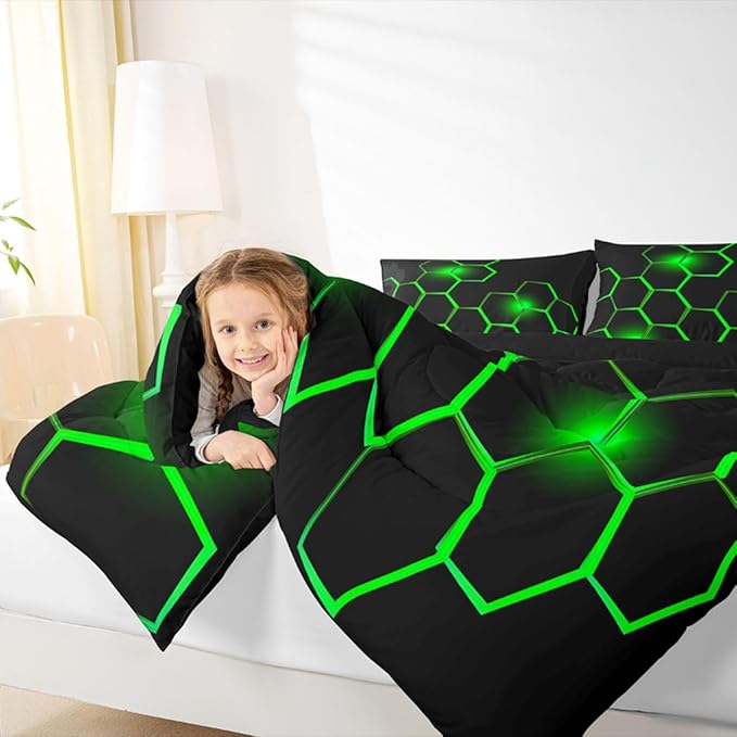 Feelyou Honeycomb Kids Comforter Set Modern Hexagon Bedding Set for Boys Children Teens Bedroom Decor Geometrical Comforter Beehive Geometric Black Green Duvet Set Queen Size with 3 Pillow Case