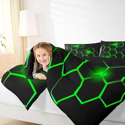 Feelyou Honeycomb Kids Comforter Set Modern Hexagon Bedding Set for Boys Children Teens Bedroom Decor Geometrical Comforter Beehive Geometric Black Green Duvet Set Queen Size with 3 Pillow Case