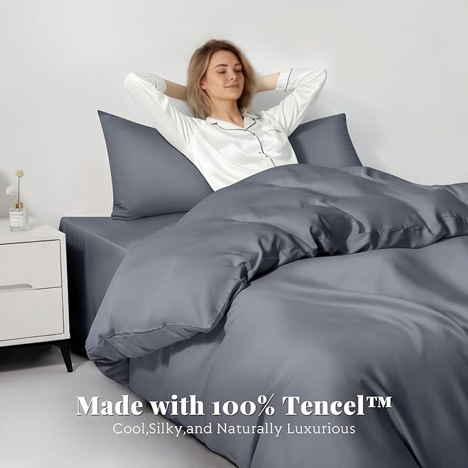 Tencel Duvet Cover Set, King/Cal King Size Cooling Duvet Cover for Hot Sleepers, 100% Eucalyptus Lyocell, 3 Pieces, 1 Zipper Closure Duvet Cover (106" x 90") and 2 Pillowcases (20" x 40") - Dark Grey