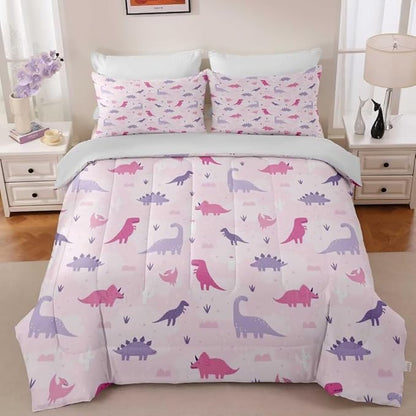 Dinosaur Comforter Set for Kids, Girls & Teens - Queen Size, Cute Pink & Purple Dino Bedding with 1 Comforter & 2 Pillowcases, Kawaii Animals Dinosaur Bedroom Decor
