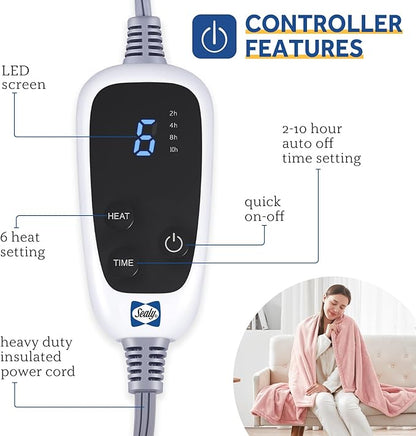 SEALY Electric Blanket Heated Throw, Soft Flannel Heating Blanket with 6 Heat Settings & 2-10 Hours Auto Shut Off, Fast Heating & Machine Washable, 50x60 Inch, Pink