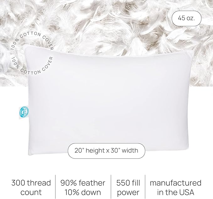 Pure Dream Firm Pillow - Queen Pillow Medium Support, Queen Size 20x30 Inch Goose Feather Down Pillows, 100% Cotton Shell, Set of 2