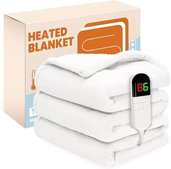 Electric Heated Blanket,Flannel & Sherpa Fast Heating Soft Fleece Heated Twin Blanket 62"x84" with 6 Heating Levels & 10H Auto Off-White