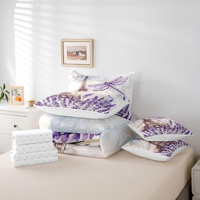 Feelyou Eiffel Tower King Size Comforter Set with Sheets Paris 7 Piece Bedding Set for Kids Girls Teens Toddler Purple Dragonfly Bed in a Bag Romantic Art Bed Set