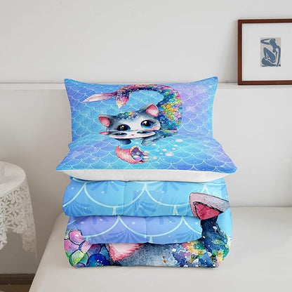 Rainbow Cartoon Cat Bed Sheet Set Colorful Mermaid Comforter Set for Kids Boys Teens Room Decor Blue Mermaid Scales Bedding Set Set Ocean Gradient Style Bed Cover 2Pcs Twin Size With 1 Pillow Case