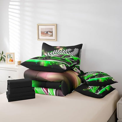 Feelyou Green Racing Car 7 Piece Bedding Set King Size Extreme Sport Comforter Set with Sheets for Kids Boys Girls Teens Toddler Fast and Furious Bed in a Bag Black White Flag Bed Set