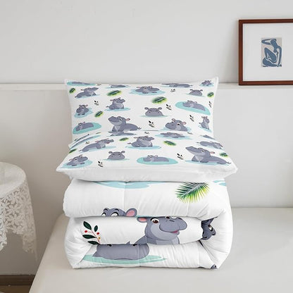 Cartoon Hippo Kids Comforter Set Queen Size 3 Pcs Cute Wild Animal Rustic Style Bedding Set for Boys Girls Teens Blue Water Green Leaves Hippie Quilted Comforter with 2 Pillowcases