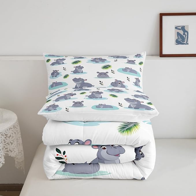 Cartoon Hippo Kids Comforter Set Twin Size 2 Pcs Cute Wild Animal Rustic Style Bedding Set for Boys Girls Teens Blue Water Green Leaves Hippie Microfiber Duvet Set with 1 Pillowcase