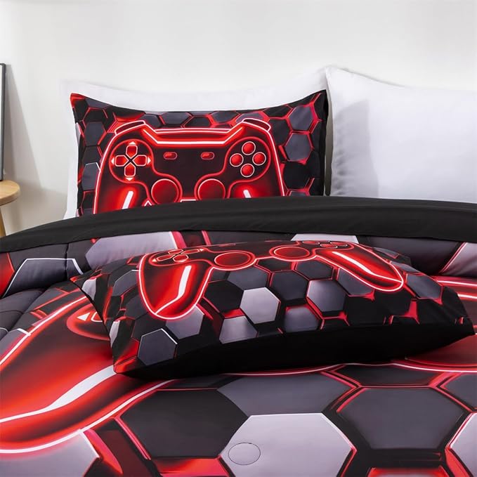 NTBED 3D Gaming Comforter Set for Boys Kids Teens,5pcs Gamer Bedding Sets with Sheet,Game Console Bed in a Bag (Red, Full)