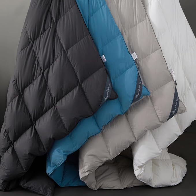 Royoliving Premium Feathers Down Comforter 100% Cotton Cover Duvet Insert with Corner Tabs (Grey, Queen All Season)