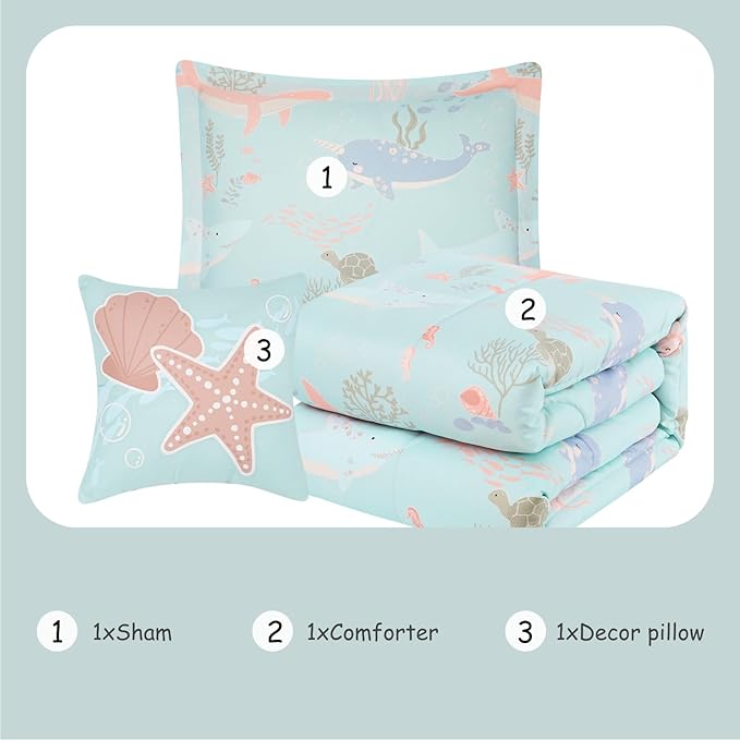 Twin Comforter Set for Girls Kids - 3 Pieces Ocean Animals Twin XL Bedding Set with 1 Comforter, 1 Decor Pillow & 1 Pillow Sham