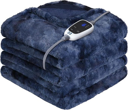 Sealy Electric Blanket Heated Throw, Faux Fur Heating Blanket with 6 Heat Settings & 2-10 Hours Auto Shut Off, Fast Heating & ETL Certification, 50x60 Inch, Navy Blue