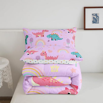 Castle Fairy Kawaii Dino Kids Comforter Set Queen Size,Cute Rainbow Floral Love Heart Reversible Bedding Set for Adult,Pink Blue Dinosaur Lovely Animal Luxury Bed Duvet Insert,2 Pillowcases