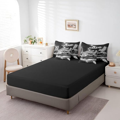Feelyou Grey Racing Car 7 Piece Bedding Set Full Size Extreme Sport Comforter Set with Sheets for Kids Boys Girls Teens Toddler Fast and Furious Bed in a Bag Black White Flag Bed Set
