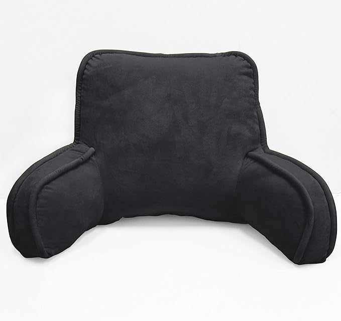 Super Soft Velvety Backrest Reading Bed Rest Pillow with Arms and Pockets 18" H for Sitting in Bed Couch Sofa, Back Support Wedge Cushion with Removable Cover, 20" x 18" x17", Black