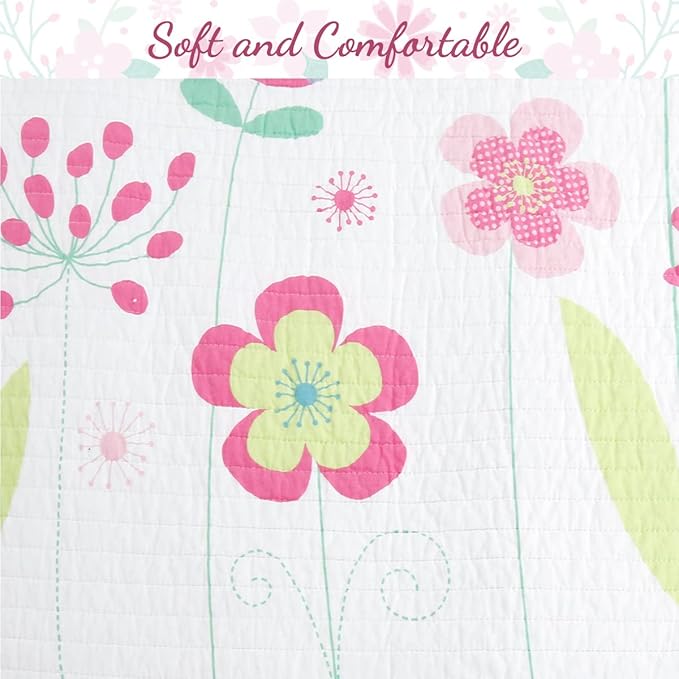 Cozy Line Home Fashions Pink Lavender Green Floral Print Girl 100% Cotton Reversible Quilt Bedding Set, Coverlet, Bedspread (Blossom, Queen - 6 Piece)