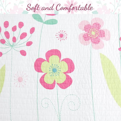 Cozy Line Home Fashions Pink Lavender Green Floral Print Girl 100% Cotton Reversible Quilt Bedding Set, Coverlet, Bedspread (Blossom, Queen - 6 Piece)