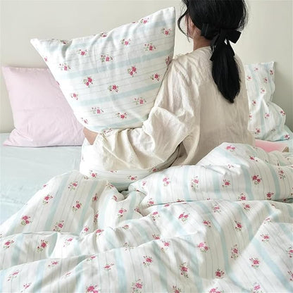 Blue White Striped Duvet Cover Queen Size Romantic Floral Bedding Set with Red Rose 3 Pcs Stripes Aesthetic Botanical Flower Comforter Set for Kids Boys Girls Women